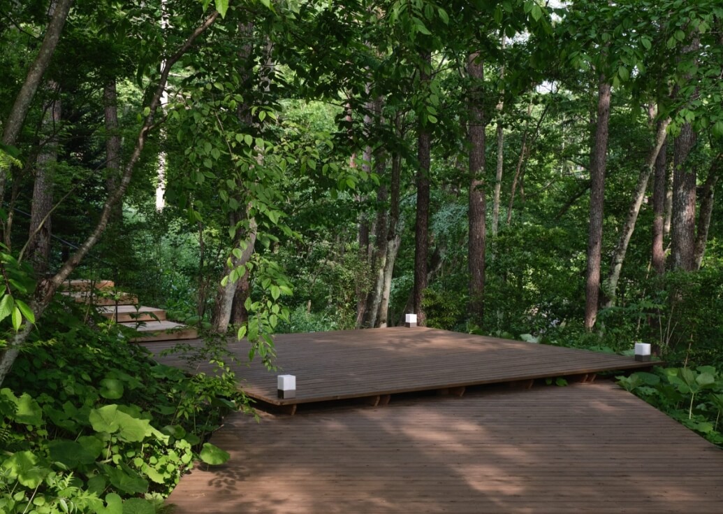 施設内の森に設けられたウッドデッキ